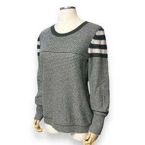 AQUA Cashmere Crew Neck Mixed Stripes Sweater-Elephant Grey